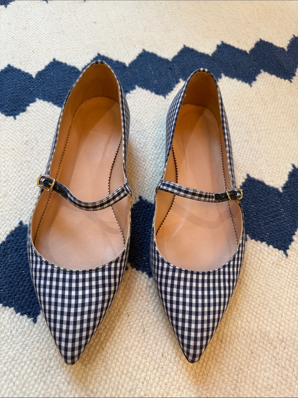 J. Crew Blue & White Gingham Mary Jane Pointed Flats